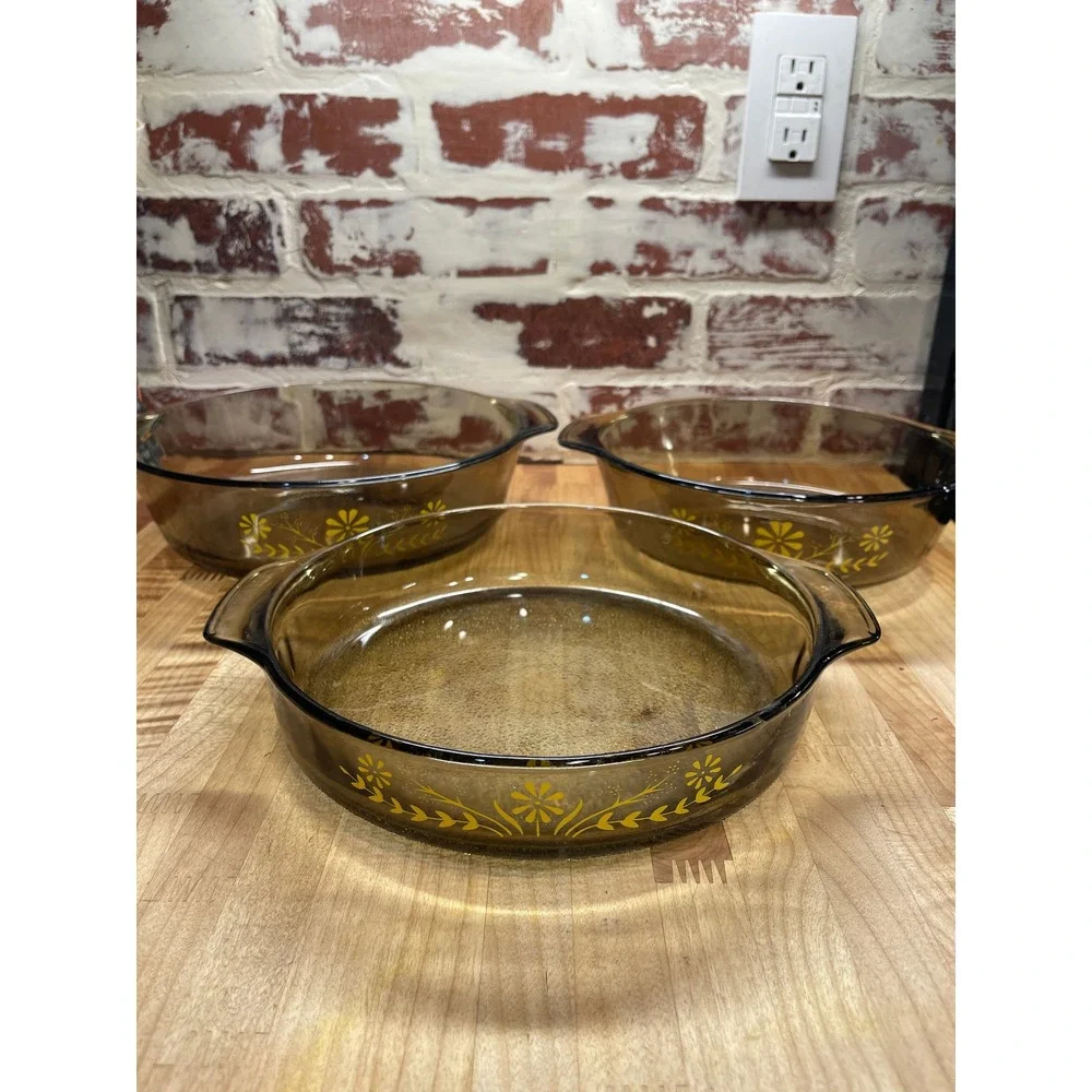 Vintage MCM Glasbake Jeanette Casserole Dishes Set 3 Yellow Floral Retro Brown‎